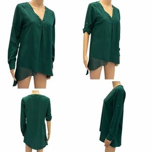 White House Black Market Green High Low Asymmetrical Blouse Womens Size 2
